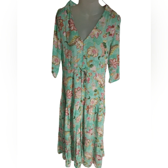 Anthropologie Sunday Mi Amour Green Floral Pullover Boho Tiered Maxi Dress Small - Picture 2 of 6